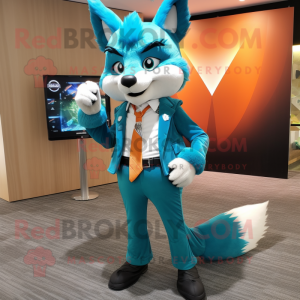 Turquoise Fox mascot costume character dressed with a Suit Pants and Belts