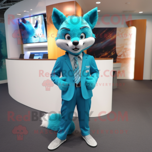 Turquoise Fox mascot costume character dressed with a Suit Pants and Belts