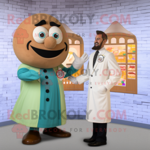 Tan Doctor mascot costume character dressed with a Ball Gown and Ties