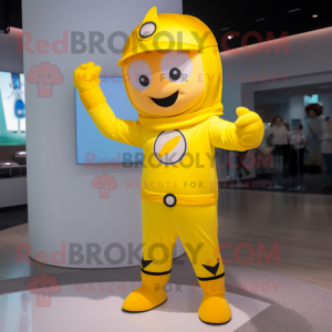 Yellow Superhero mascot costume character dressed with a Romper and Hats