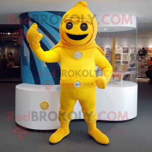 Yellow Superhero mascot costume character dressed with a Romper and Hats