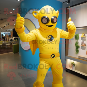 Yellow Superhero mascot costume character dressed with a Romper and Hats