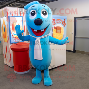 Sky Blue Hot Dog mascot costume character dressed with a Button-Up Shirt and Scarves