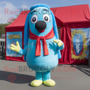 Sky Blue Hot Dog mascot costume character dressed with a Button-Up Shirt and Scarves