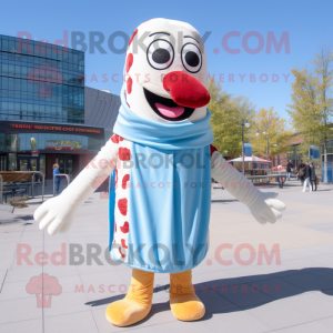 Sky Blue Hot Dog mascot costume character dressed with a Button-Up Shirt and Scarves