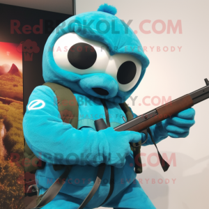 Turquoise Sniper mascot costume character dressed with a Jacket and Mittens