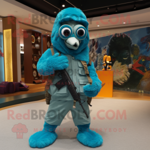 Turquoise Sniper mascot costume character dressed with a Jacket and Mittens