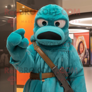 Turquoise Sniper mascot costume character dressed with a Jacket and Mittens