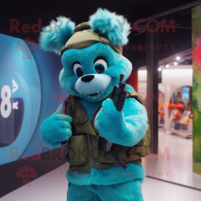 Turquoise Sniper mascot costume character dressed with a Jacket and Mittens