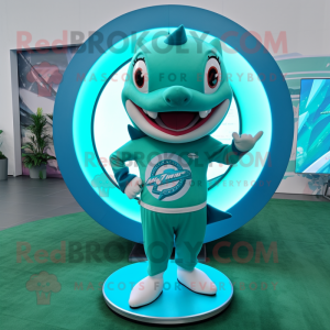 Teal Shark mascot costume character dressed with a Circle Skirt and Digital watches