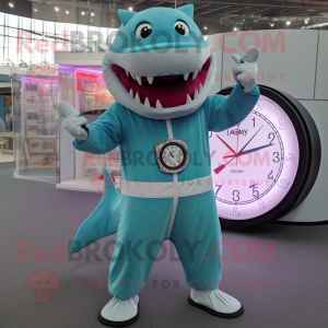 Teal Shark mascot costume character dressed with a Circle Skirt and Digital watches