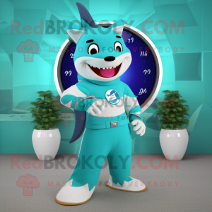 Teal Shark mascot costume character dressed with a Circle Skirt and Digital watches