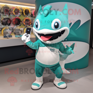 Teal Shark mascot costume character dressed with a Circle Skirt and Digital watches