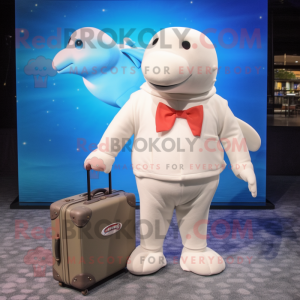 Cream Beluga Whale mascot costume character dressed with a Polo Shirt and Briefcases