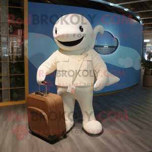 Cream Beluga Whale mascot costume character dressed with a Polo Shirt and Briefcases