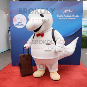 Cream Beluga Whale mascot costume character dressed with a Polo Shirt and Briefcases