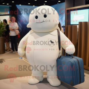 Cream Beluga Whale mascot costume character dressed with a Polo Shirt and Briefcases