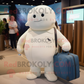 Cream Beluga Whale mascot costume character dressed with a Polo Shirt and Briefcases