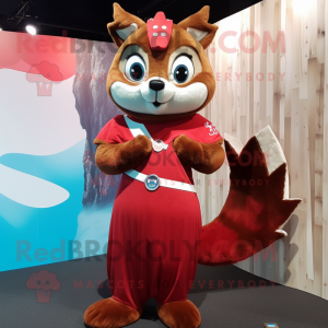 Red Flying Squirrel mascot costume character dressed with a Maxi Dress and Brooches
