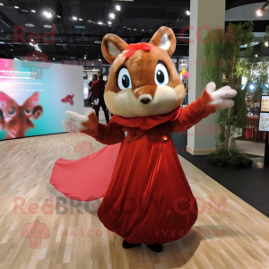 Red Flying Squirrel mascot costume character dressed with a Maxi Dress and Brooches