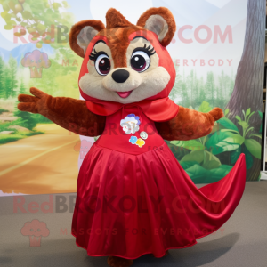 Red Flying Squirrel mascot costume character dressed with a Maxi Dress and Brooches