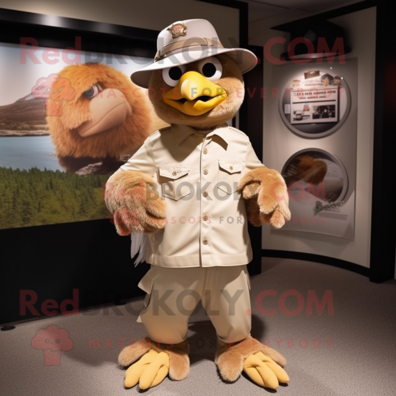 Tan Eagle mascot costume character dressed with a Capri Pants and Hat pins