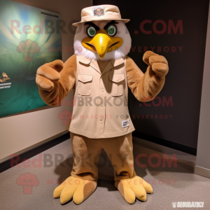 Tan Eagle mascot costume character dressed with a Capri Pants and Hat pins