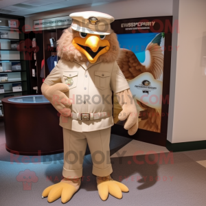 Tan Eagle mascot costume character dressed with a Capri Pants and Hat pins