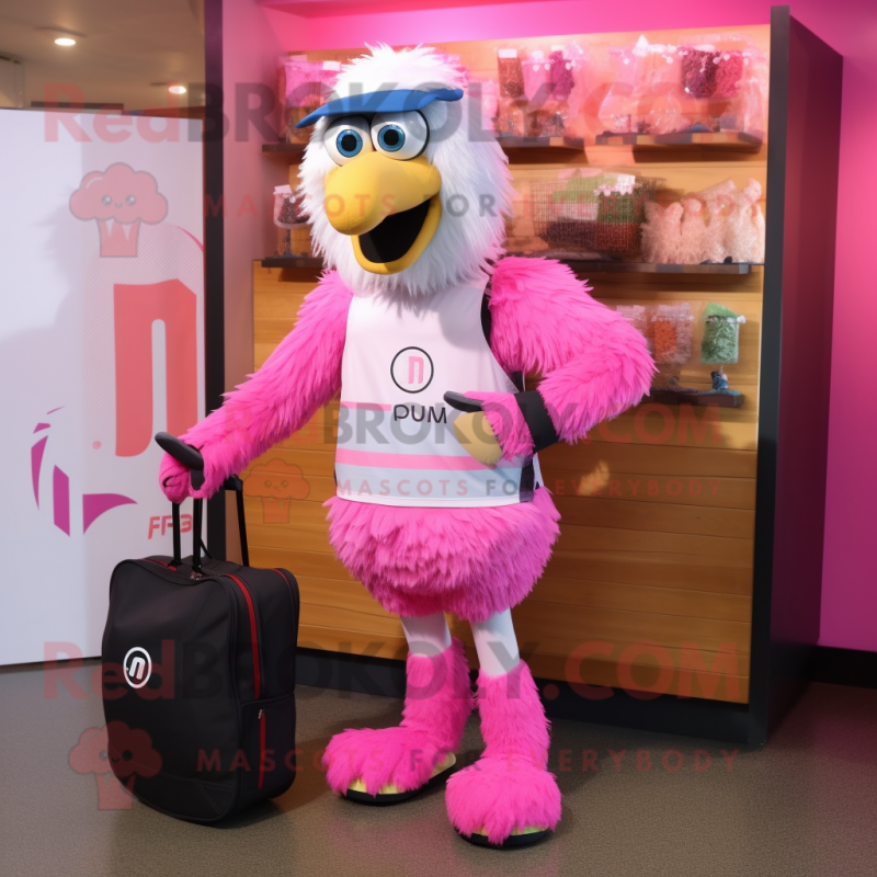 Pink Emu mascot costume character dressed with a Board Shorts and Messenger bags Pink Emu mascot costume character dressed with a Board Shorts and Messenger bags
