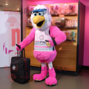 Pink Emu mascot costume character dressed with a Board Shorts and Messenger bags