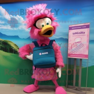 Pink Emu mascot costume character dressed with a Board Shorts and Messenger bags