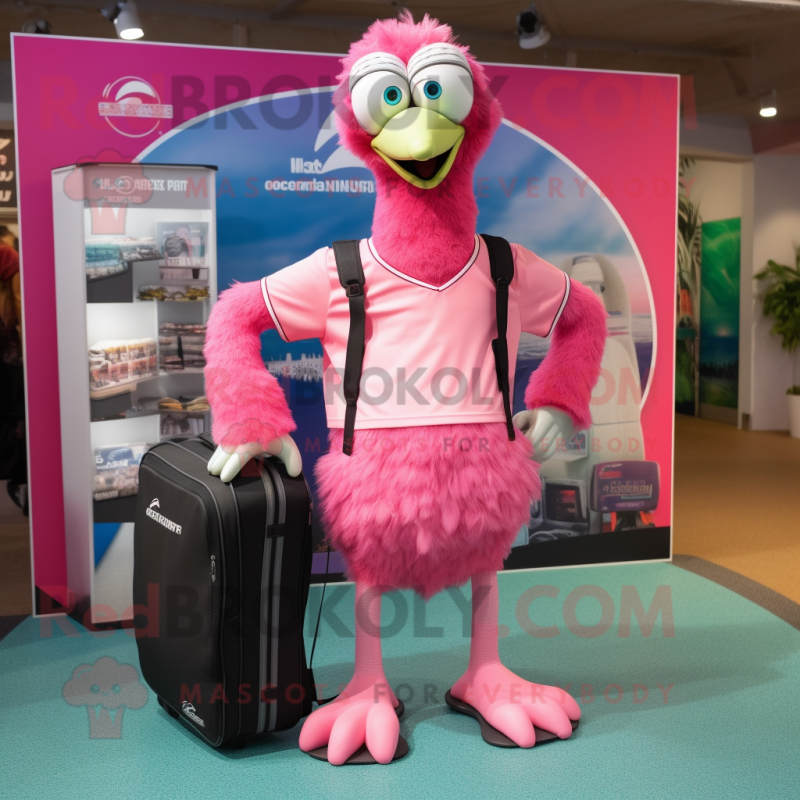 Pink Emu mascot costume character dressed with a Board Shorts and Messenger bags