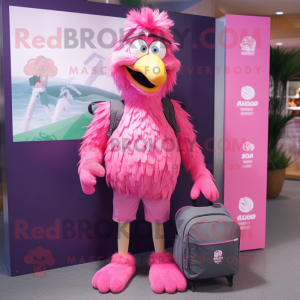 Pink Emu mascot costume character dressed with a Board Shorts and Messenger bags