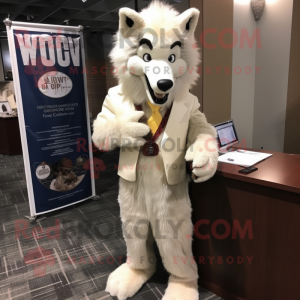 Cream Say Wolf mascot costume character dressed with a Suit Pants and Shawl pins