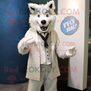 Cream Say Wolf mascot costume character dressed with a Suit Pants and Shawl pins