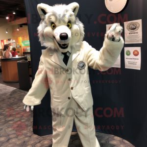 Cream Say Wolf mascot costume character dressed with a Suit Pants and Shawl pins