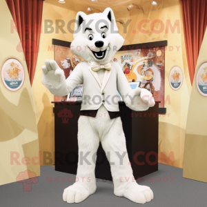 Cream Say Wolf mascot costume character dressed with a Suit Pants and Shawl pins