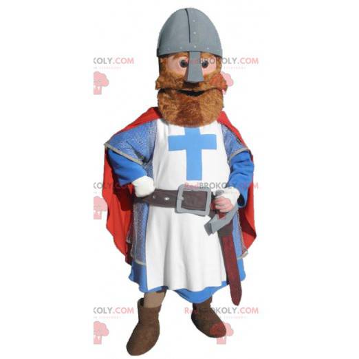 Mascotte cavaliere vestita di rosso blu e bianco -