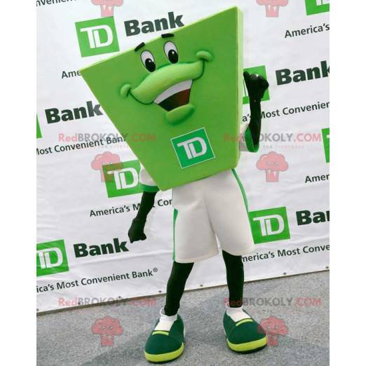 Mascotte de bonhomme vert de TD Bank très souriante -