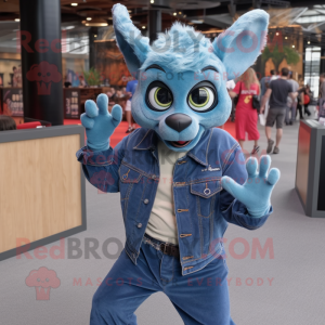 Sky Blue Chupacabra mascot costume character dressed with a Denim Shirt and Gloves