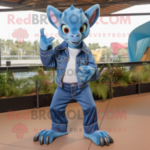 Sky Blue Chupacabra mascot costume character dressed with a Denim Shirt and Gloves