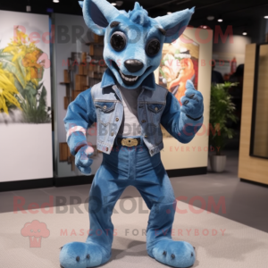 Sky Blue Chupacabra mascot costume character dressed with a Denim Shirt and Gloves