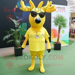 Lemon Yellow Elk mascot costume character dressed with a Polo Tee and Sunglasses