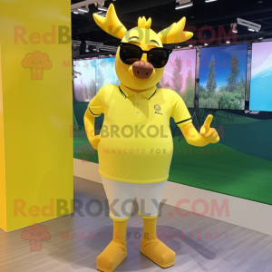 Lemon Yellow Elk mascot costume character dressed with a Polo Tee and Sunglasses