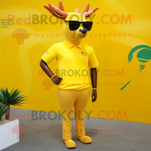 Lemon Yellow Elk mascot costume character dressed with a Polo Tee and Sunglasses