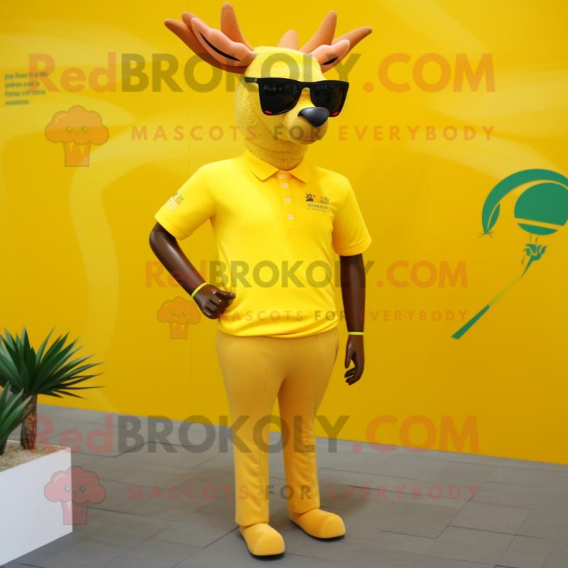 Lemon Yellow Elk mascot costume character dressed with a Polo Tee and Sunglasses Lemon Yellow Elk mascot costume character dressed with a Polo Tee and Sunglasses