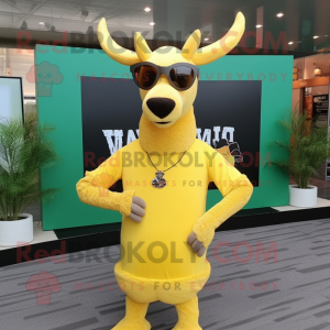 Lemon Yellow Elk mascot costume character dressed with a Polo Tee and Sunglasses