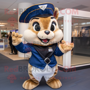 Navy Chipmunk mascot costume character dressed with a Cover-up and Rings