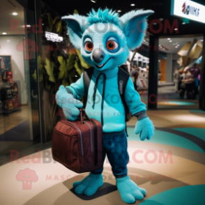 Cyan Aye-Aye mascot costume character dressed with a Sweatshirt and Briefcases