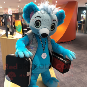 Cyan Aye-Aye mascot costume character dressed with a Sweatshirt and Briefcases